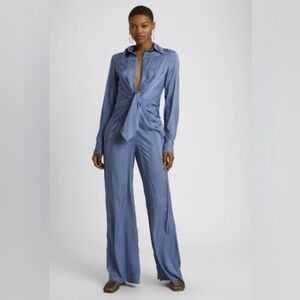 Elegant Satin Striped Slate Blue  Plunge Neck  Women's Long-Sleeve Jumpsuit NWT